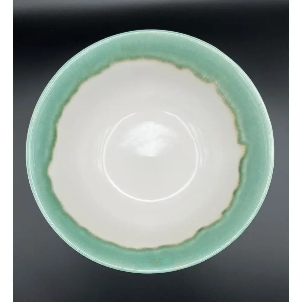 Pier 1 Imports Drip Glaze 9.5” Stoneware Serving Mixing Bowl Teal Green & White